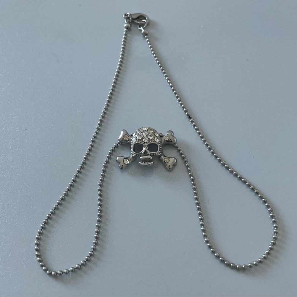 Skull and Cross Bone Rhinestone Necklace on Silver Ball Chain